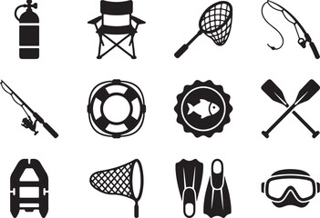 Fishing, Boating, and Scuba Diving Water Sports Vector Silhouette Icon Set © Open Expression