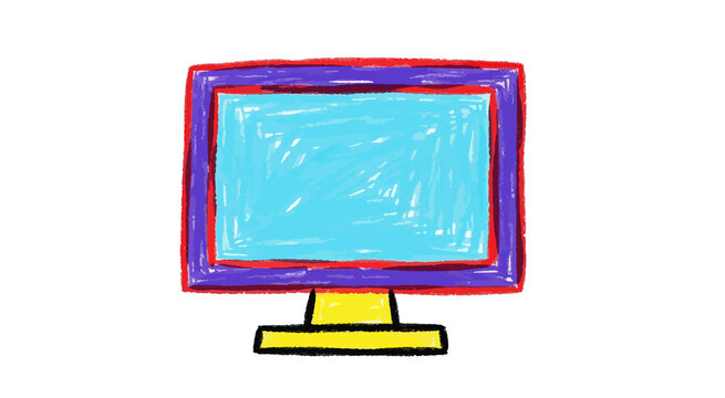 A child is drawing a computer monitor on a white piece of paper using colorful markers. The monitor is depicted in a bright blue color with a red frame and a yellow base.