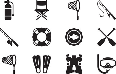 Fishing, Boating, and Snorkeling Water Sports Vector Silhouette Icon Set © Open Expression