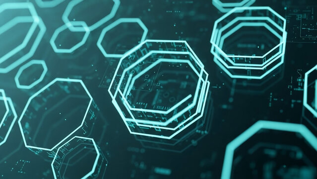 Abstract Digital Technology Background with Glowing Cyan Octagons
