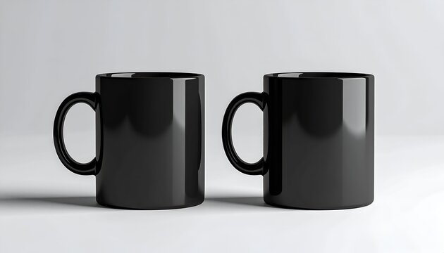 Two identical glossy black coffee mugs stand side-by-side against a white backdrop