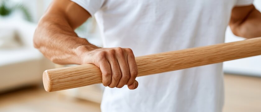 A hand grips a rehabilitation parallel bar firmly, showing focus on physical therapy. The setting is a training area with soft light