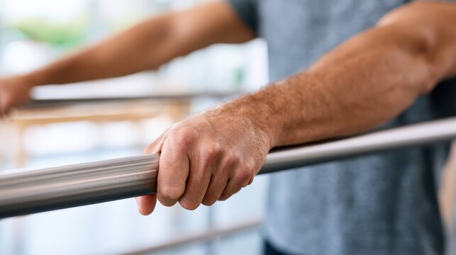A hand grips a rehabilitation parallel bar firmly, showing focus on physical therapy. The setting is a training area with soft light