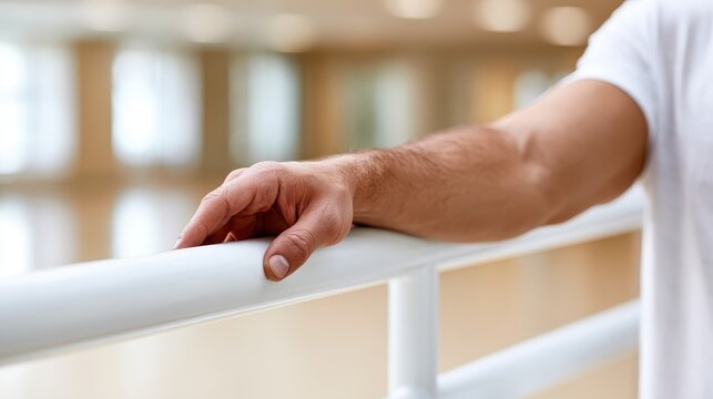 A hand grips a rehabilitation parallel bar firmly, showing focus on physical therapy. The setting is a training area with soft light