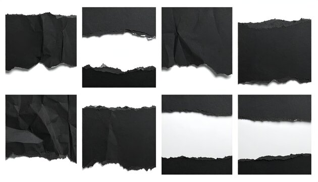Eight abstract compositions featuring torn black paper, revealing white space