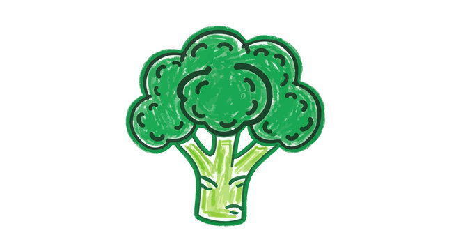A cartoon broccoli head smiles with a happy expression. The broccoli has a green stem and a fluffy head of florets.