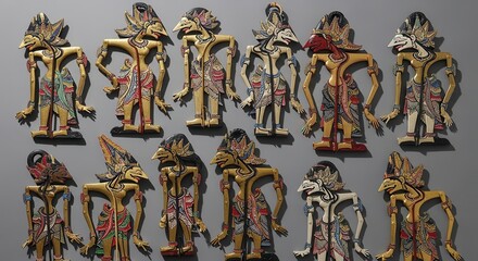 Fototapeta premium Collection of Ancient Egyptian Shabti Figures Displayed on a Gray Background.