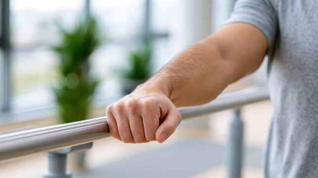 Close-up of a hand holding a parallel bar in a therapy setting, showing strength and effort as the person works on their recovery