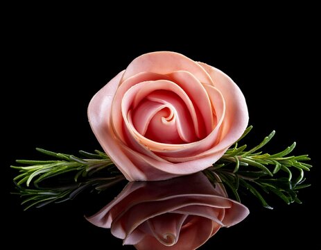 a delicate ham rose creation with rosemary sprig isolated on black