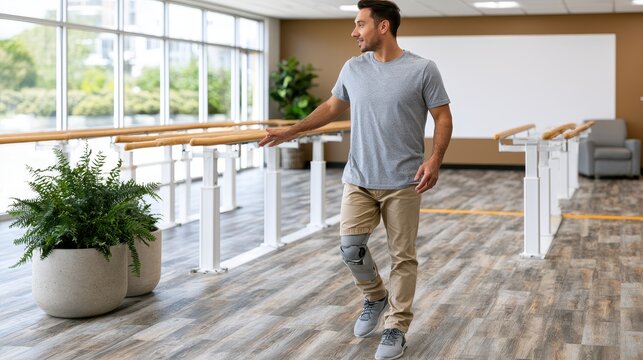 A man practices walking with a prosthetic limb at a rehab gym using parallel bars in a bright space designed for recovery and strength