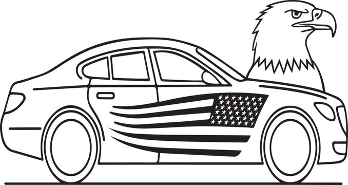 American eagle head and car with flag decal line art