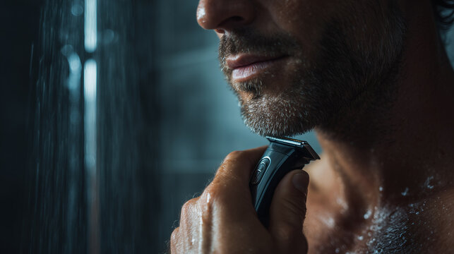 Modern man trimming beard with electric shaver in shower during grooming routine