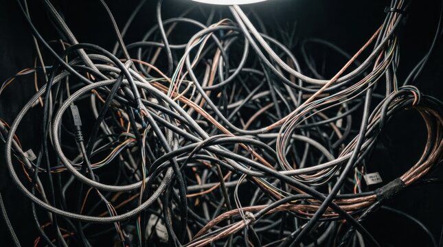 A tangled mass of computer cables dominates the frame, creating a chaotic and complex visual.