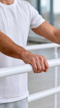 A hand holds onto a rehabilitation parallel bar, showing tension and effort during a therapy session in a neutral setting