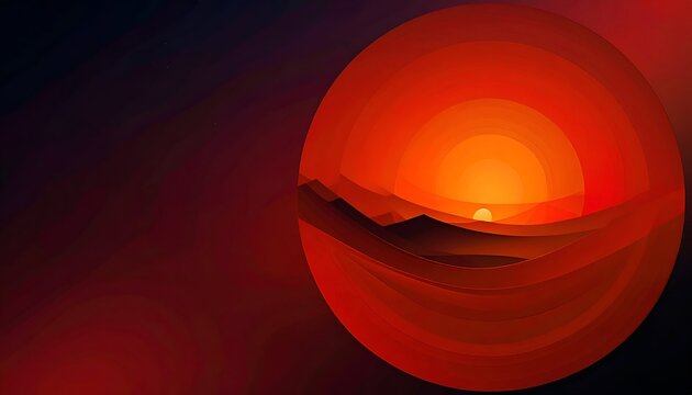 Abstract digital art of a fiery sunset over mountain silhouettes, contained within circles