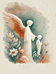 Obraz premium Guardian Angel Protecting Child with Flowers Watercolor Illustration