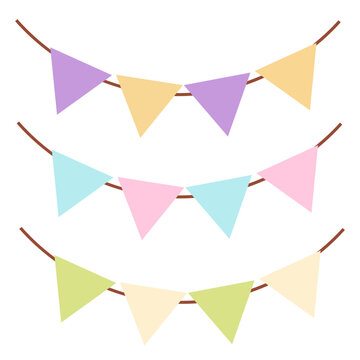 Set of colorful party bunting flags and garlands in pastel colors. Flat vector illustration of hanging triangular decorations for birthday celebration isolated on white