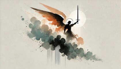 Obraz premium Saint Michael Archangel with Sword Minimalist Christian Watercolor Illustration