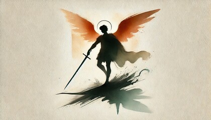 Obraz premium Saint Michael Archangel with Sword Minimalist Christian Watercolor Illustration