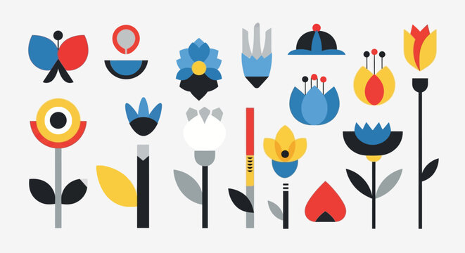 Mid-century modern floral icons and butterfly illustration
