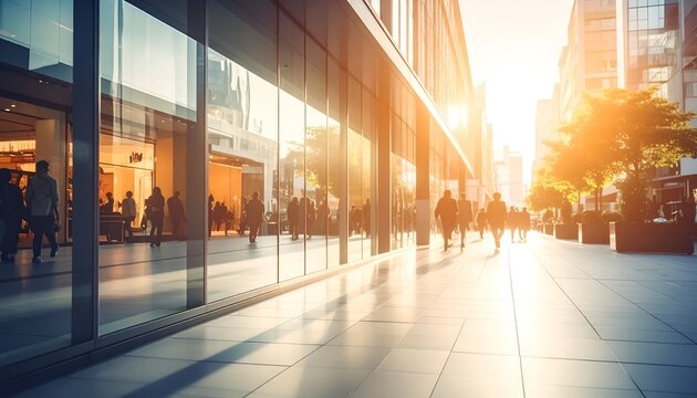 City street with sunlit modern architecture and pedestrian silhouettes