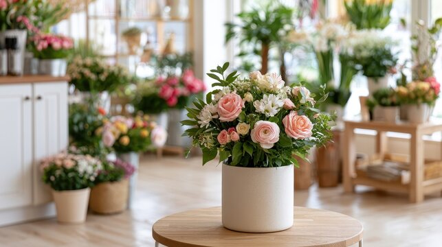A small florist shop features fresh flowers in pastel colors arranged on a wooden table, with natural light coming through the windows