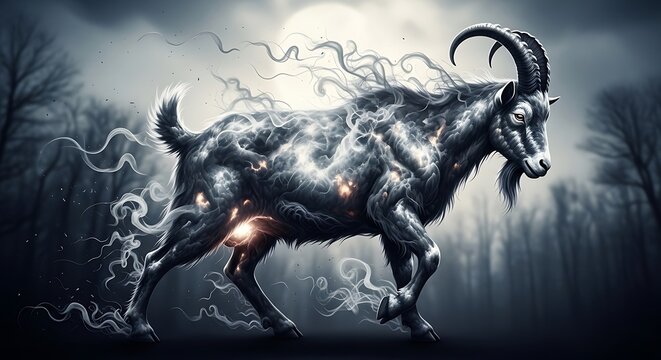 Mythical Goat in Dark Forest Landscape.