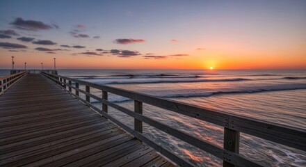 Fototapeta premium Serene Sunrise Over the Ocean Viewed from a Wooden Pier.