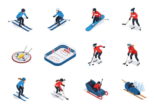 Collection of winter sports icons including skiing, snowboarding, ice hockey, and bobsledding on a white background