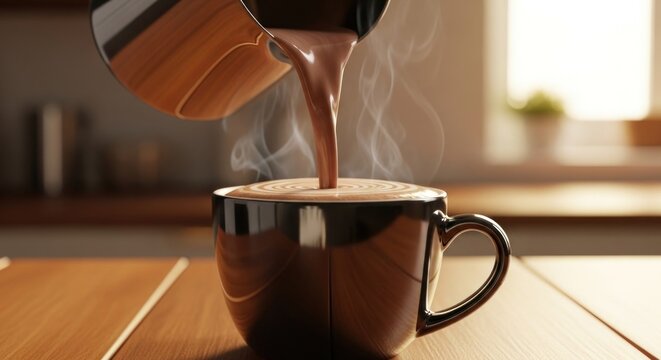 Steaming Hot Chocolate Poured into a Cozy Mug on a Wooden Table.