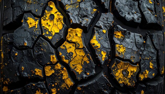 Close-up of cracked, black textured surface with patches of bright yellow