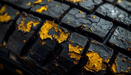 Obraz premium Close-up of damaged tire tread with exposed golden underlay, showing cracks and decay