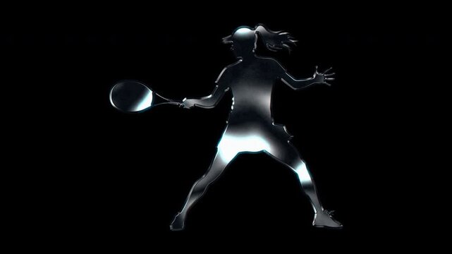 Silver metallic female tennis player forehand stance silhouette. Alpha channel. Seamless loop video.