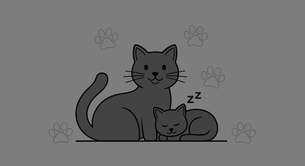 Cute Cartoon Mother Cat and Sleeping Kitten Illustration © Zayyan Ramadhan