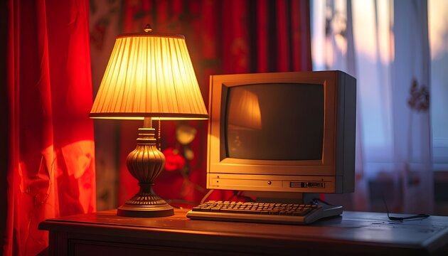 A warm-lit vintage desk scene with a classic computer, lamp, and red curtains