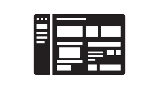 Dark minimalist browser window icon showing webpage layout blocks and navigation panel for website design, interface, and web application concepts
