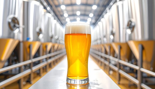 A pint of golden ale with foamy head sits on a metal surface, brewery background