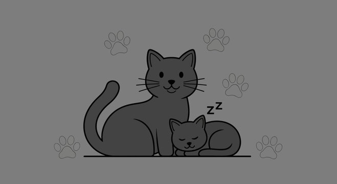Cute Cartoon Mother Cat and Sleeping Kitten Illustration