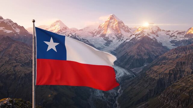 Chilean flag waving in mountainous landscape