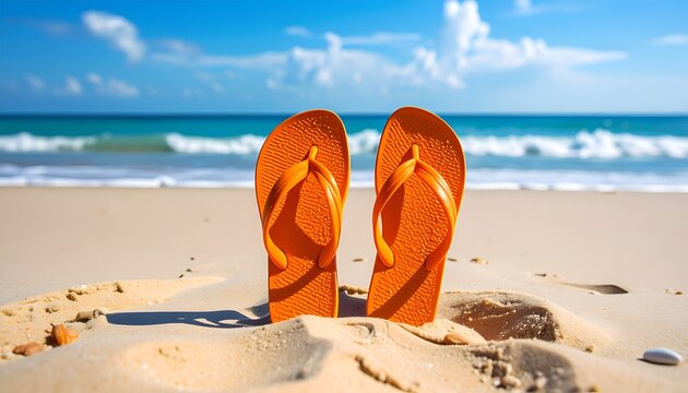 Vibrant orange flip-flops stand in the sand against a backdrop of ocean waves and bright sky