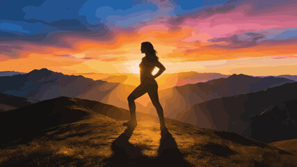 A silhouetted woman stands triumphantly on a mountain peak against a vibrant sunset sky. © loma