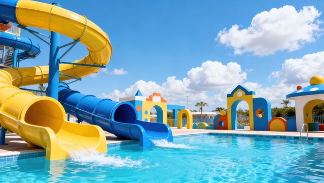 Colorful water park slides and pool