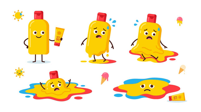 Funny sunscreen bottle character melting into puddle due to extreme heat for surreal summer sunburn concept and skincare humor graphics
