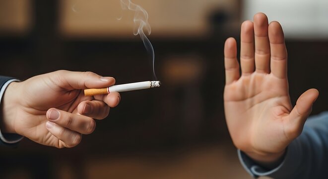 Person refusing cigarette smoke gesture.