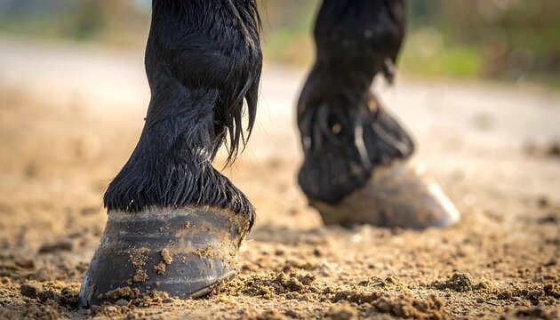 Close-up of a horse's lower legs and hooves resting on a sandy surface, with blurred background