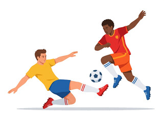Fototapeta premium Football players competing for the football vector illustration on transparent Background. Dynamic football match action scene with sliding tackle vector. Professional football players match gameplay