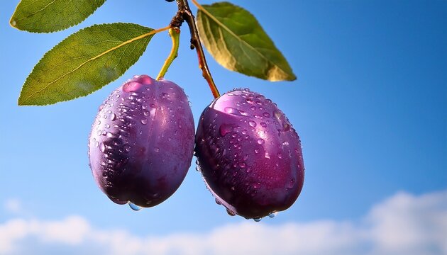 two shiny purple plums with water drops hang from a leafy branch under a bright blue sky
