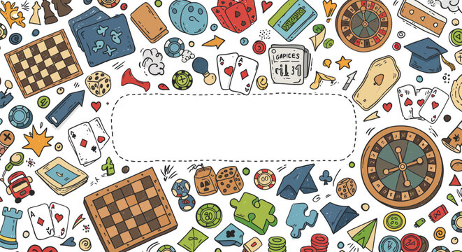 Colorful collage of various board games and puzzles on a white background with a central empty space for text or image