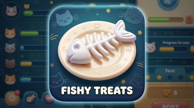 Fishy Treats mobile game interface with fish bone icon.