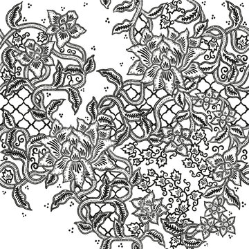 black and white seamless floral batik pattern